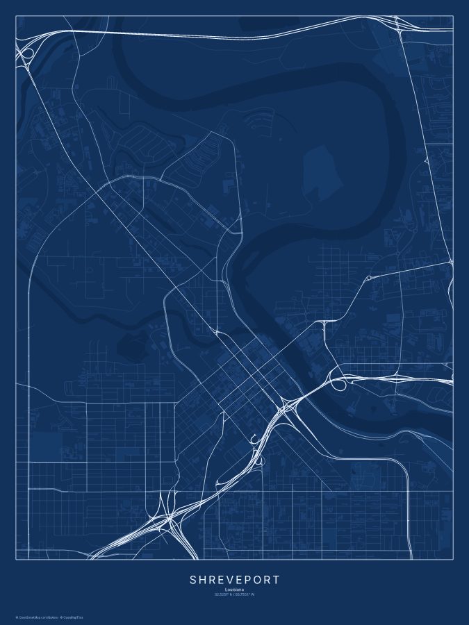 Shreveport map poster, blueprint style