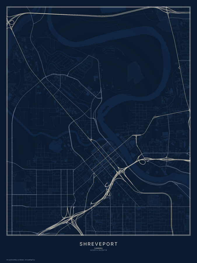 Shreveport map poster, midnight style