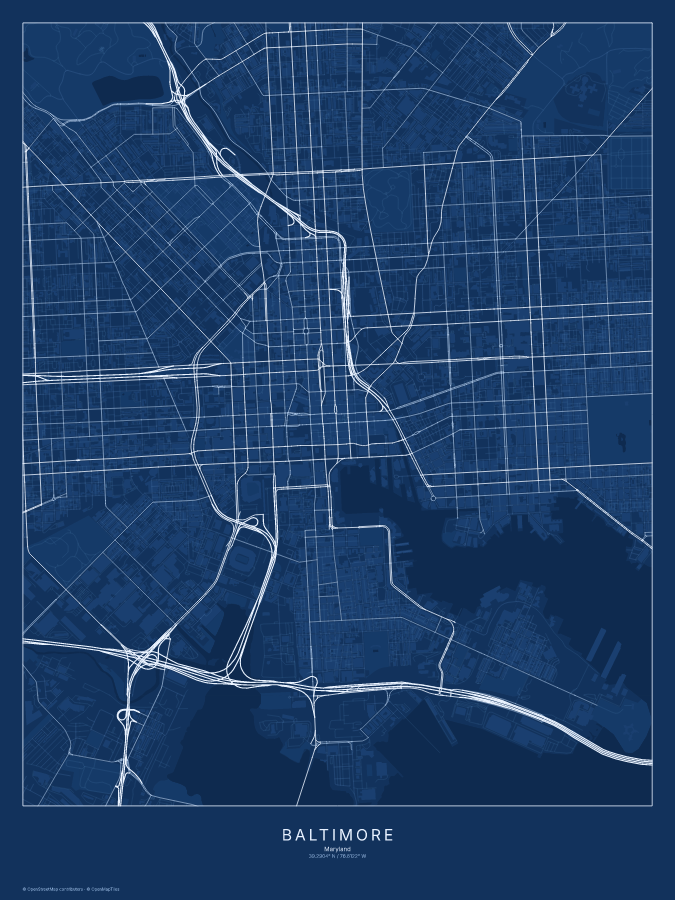 Baltimore map poster, blueprint style