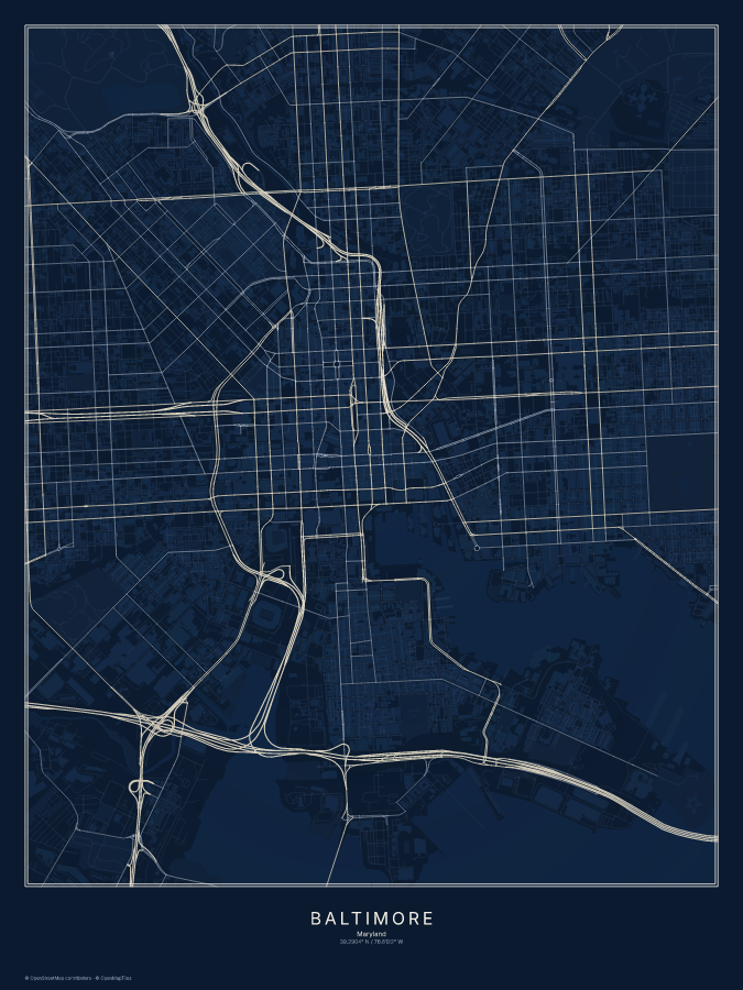 Baltimore map poster, midnight style