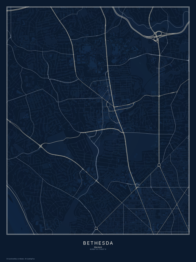 Bethesda map poster, midnight style