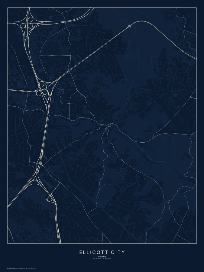 Ellicott City map poster, midnight style