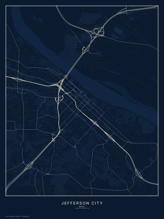 Jefferson City map poster, midnight style