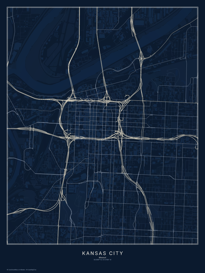 Kansas City map poster, midnight style