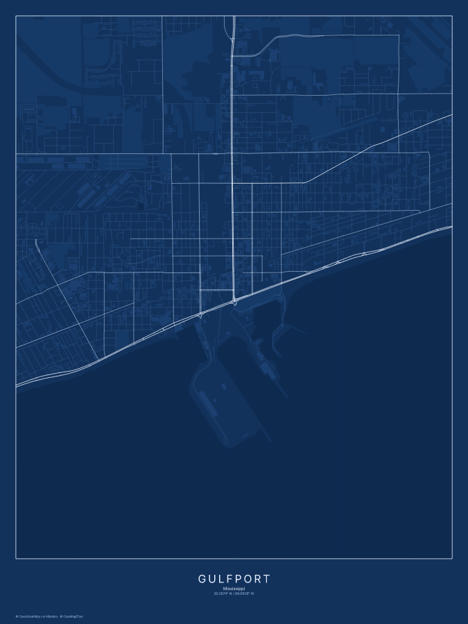 Gulfport map poster, blueprint style
