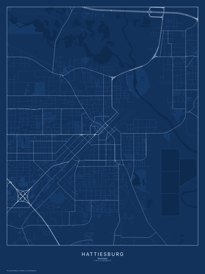 Hattiesburg map poster, blueprint style
