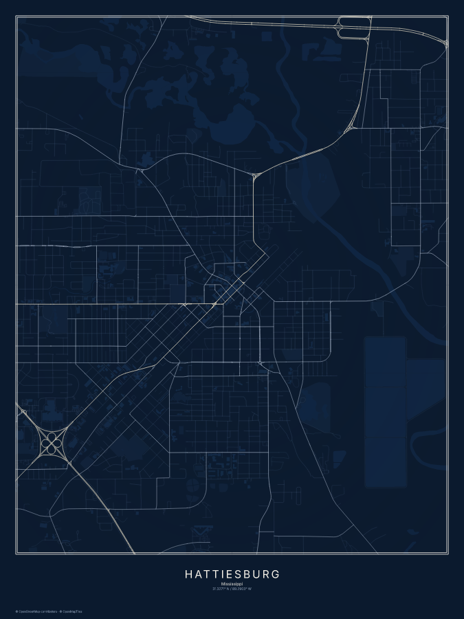 Hattiesburg map poster, midnight style