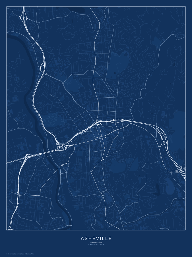 Asheville map poster, blueprint style