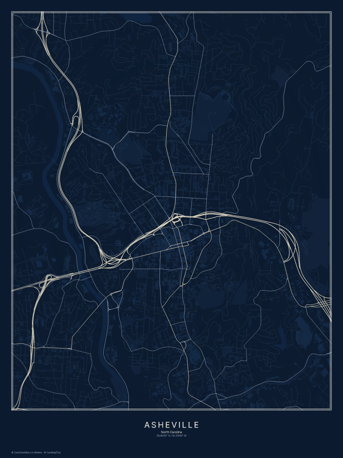 Asheville map poster, midnight style