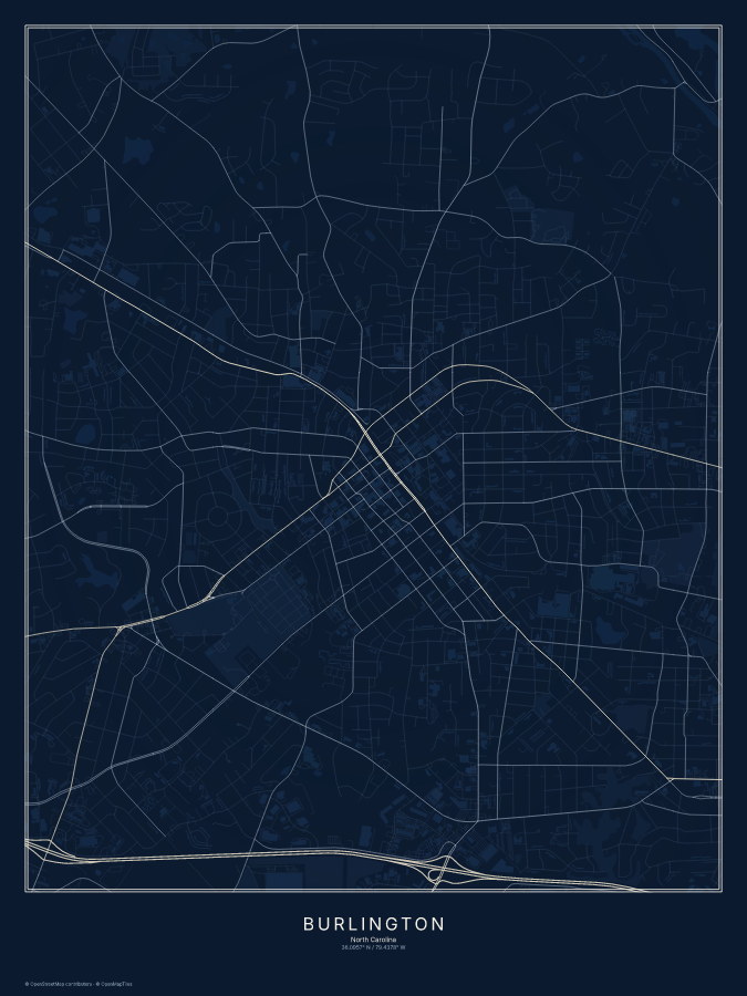 Burlington map poster, midnight style