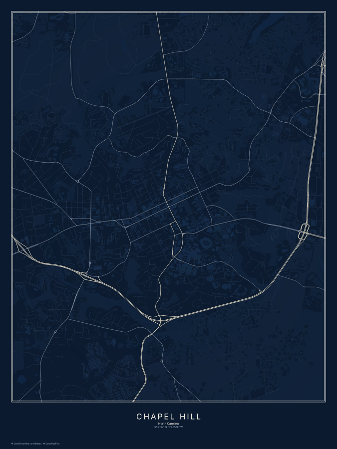 Chapel Hill map poster, midnight style