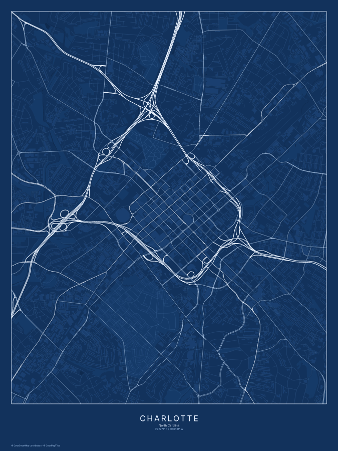 Charlotte map poster, blueprint style