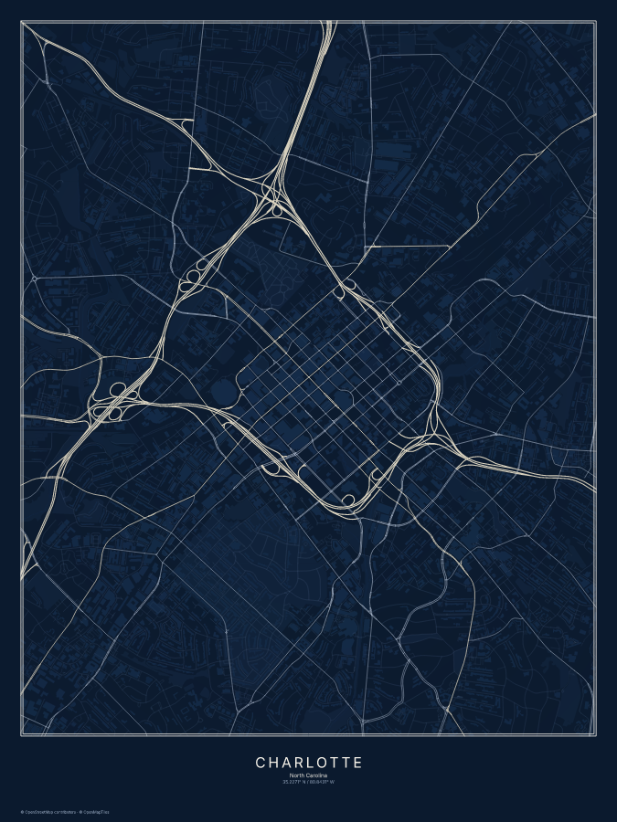Charlotte map poster, midnight style