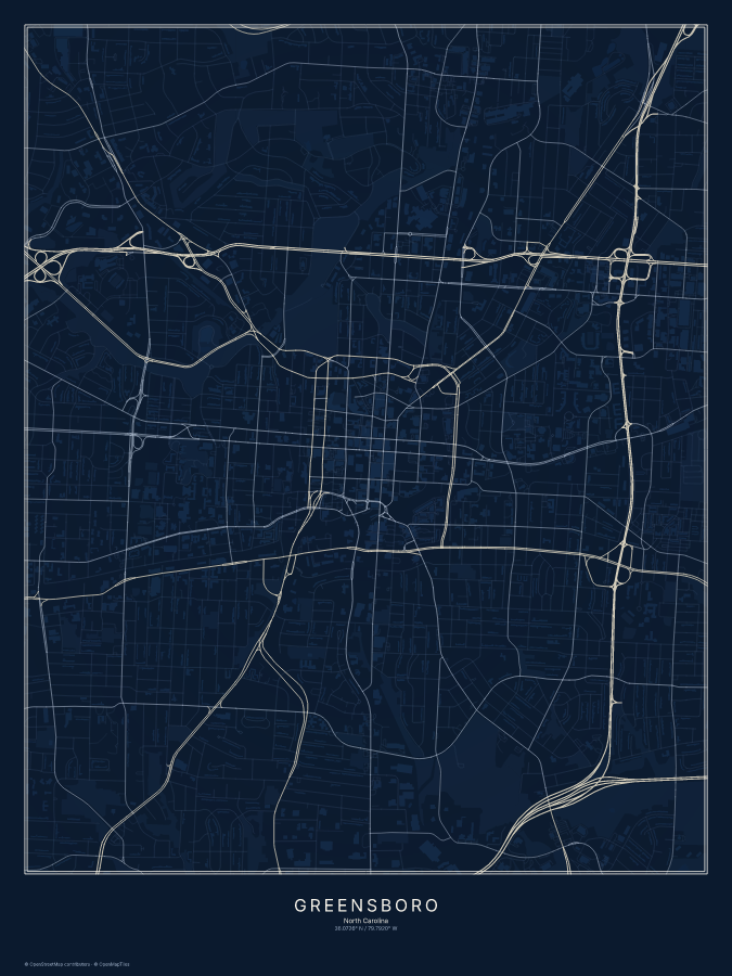 Greensboro map poster, midnight style