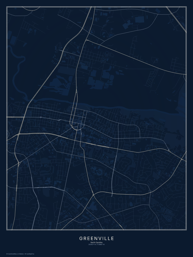 Greenville map poster, midnight style