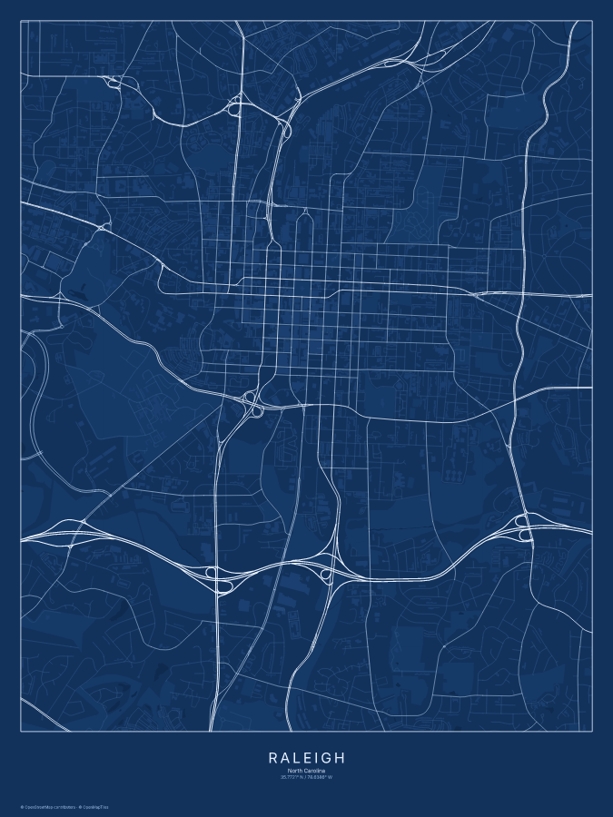 Raleigh map poster, blueprint style