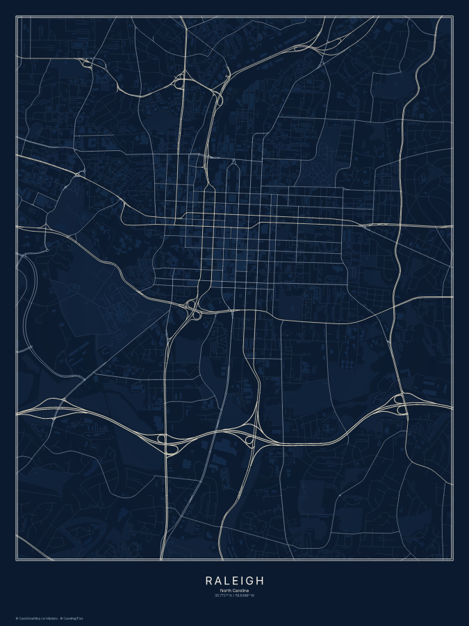 Raleigh map poster, midnight style