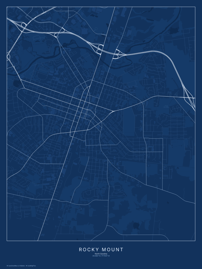 Rocky Mount map poster, blueprint style