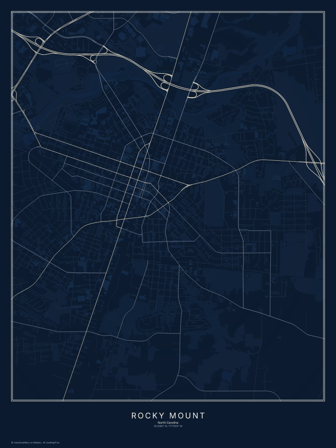 Rocky Mount map poster, midnight style