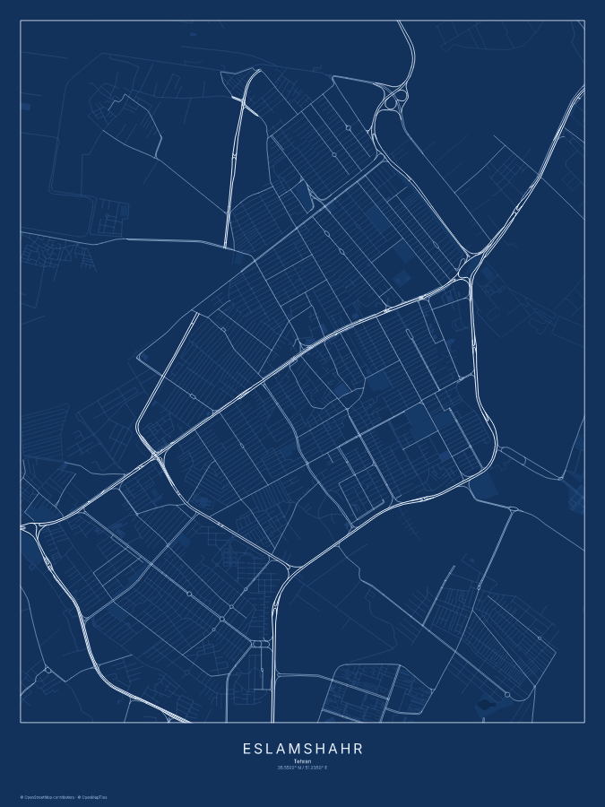 Eslamshahr map poster, blueprint style