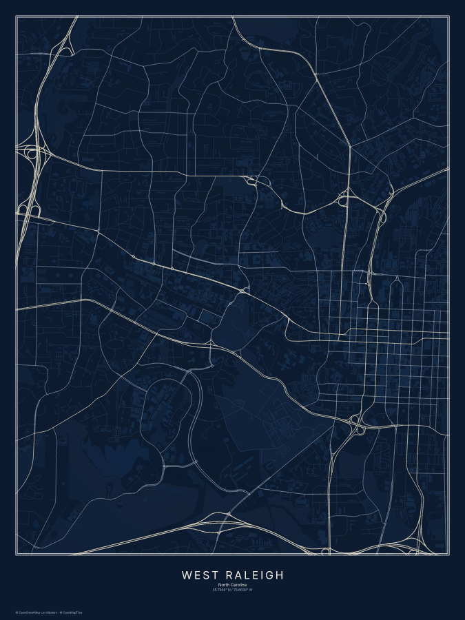 West Raleigh map poster, midnight style