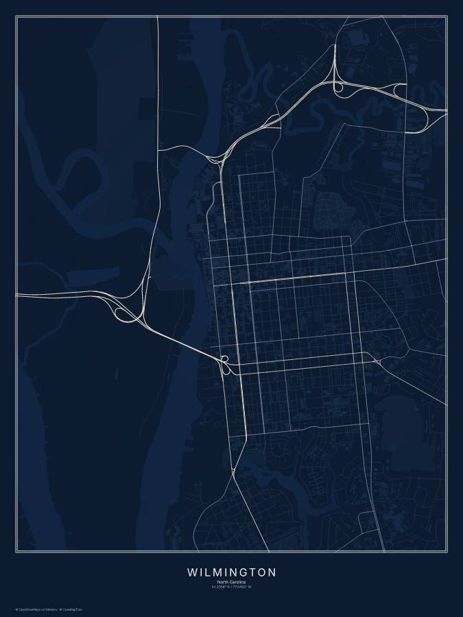 Wilmington map poster, midnight style