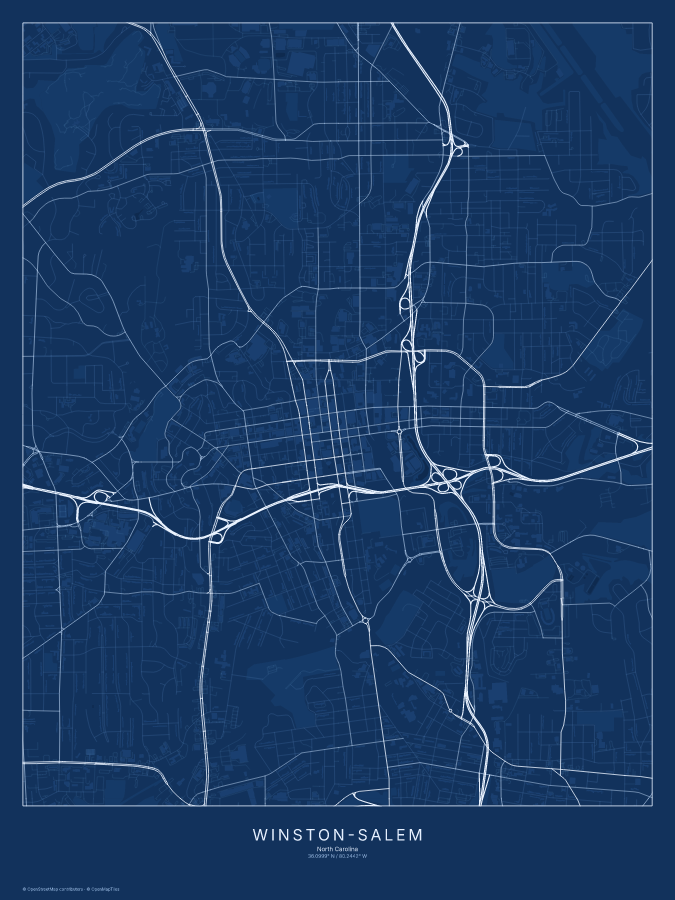 Winston-Salem map poster, blueprint style