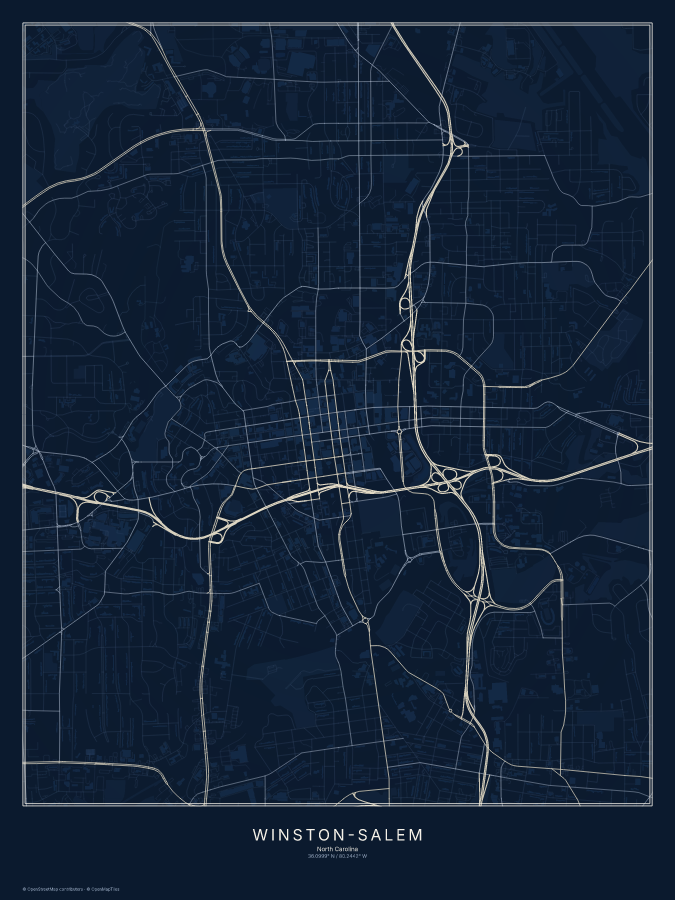 Winston-Salem map poster, midnight style