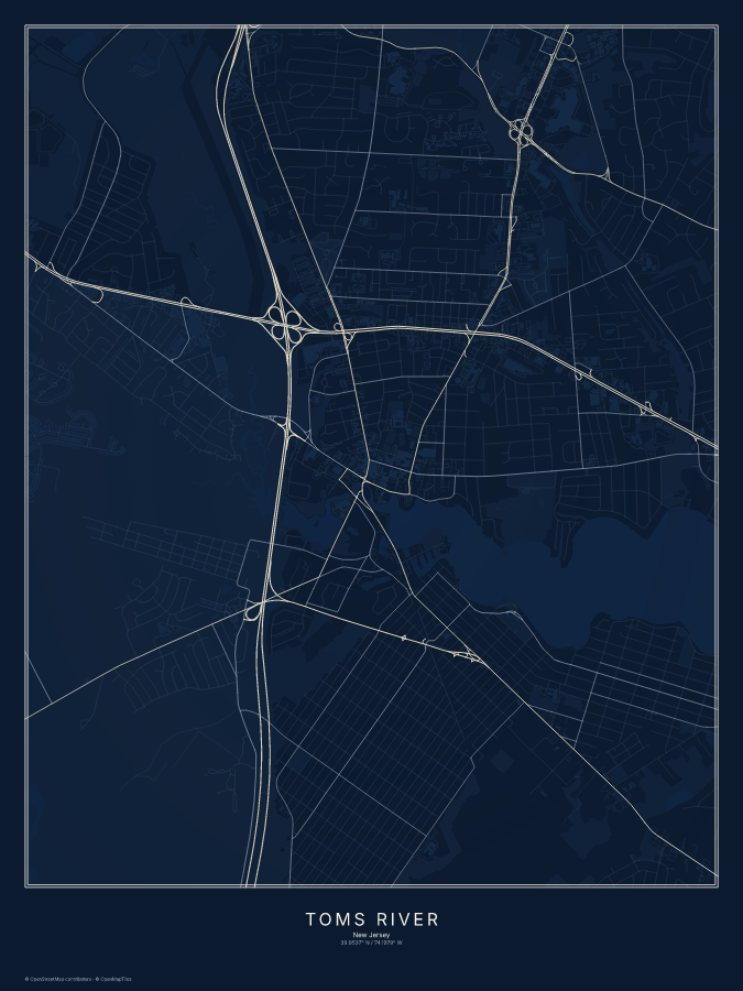 Toms River map poster, midnight style