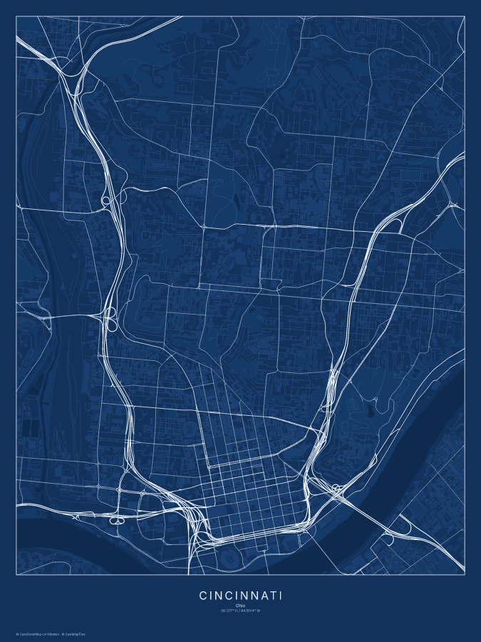Cincinnati map poster, blueprint style
