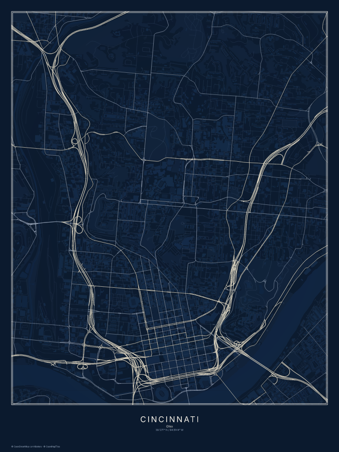 Cincinnati map poster, midnight style