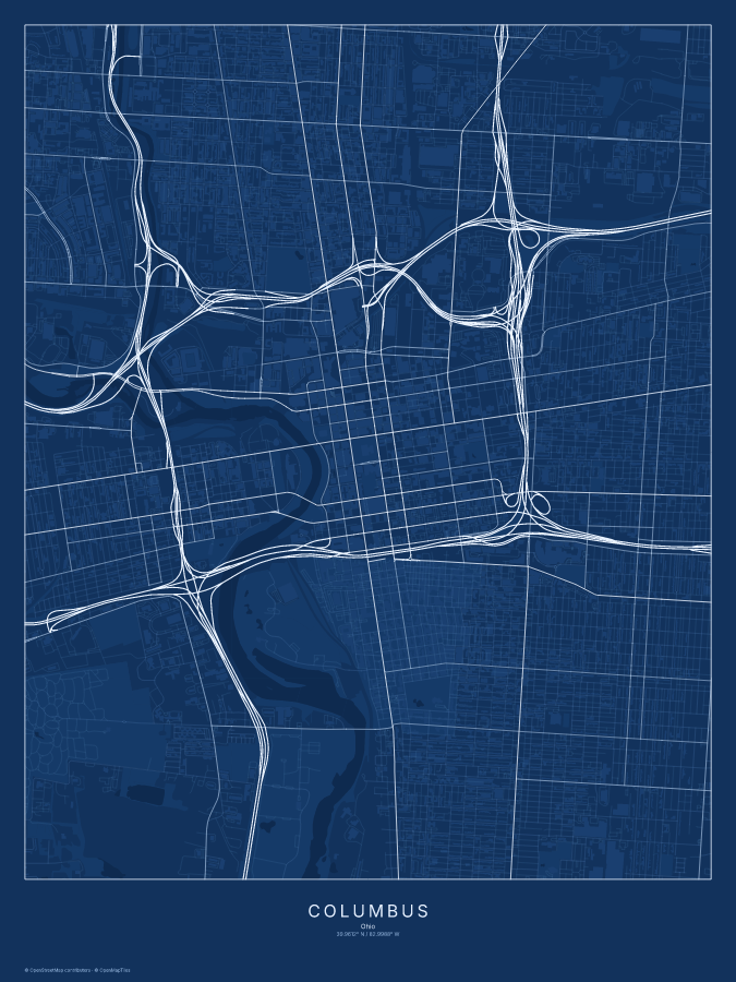 Columbus map poster, blueprint style