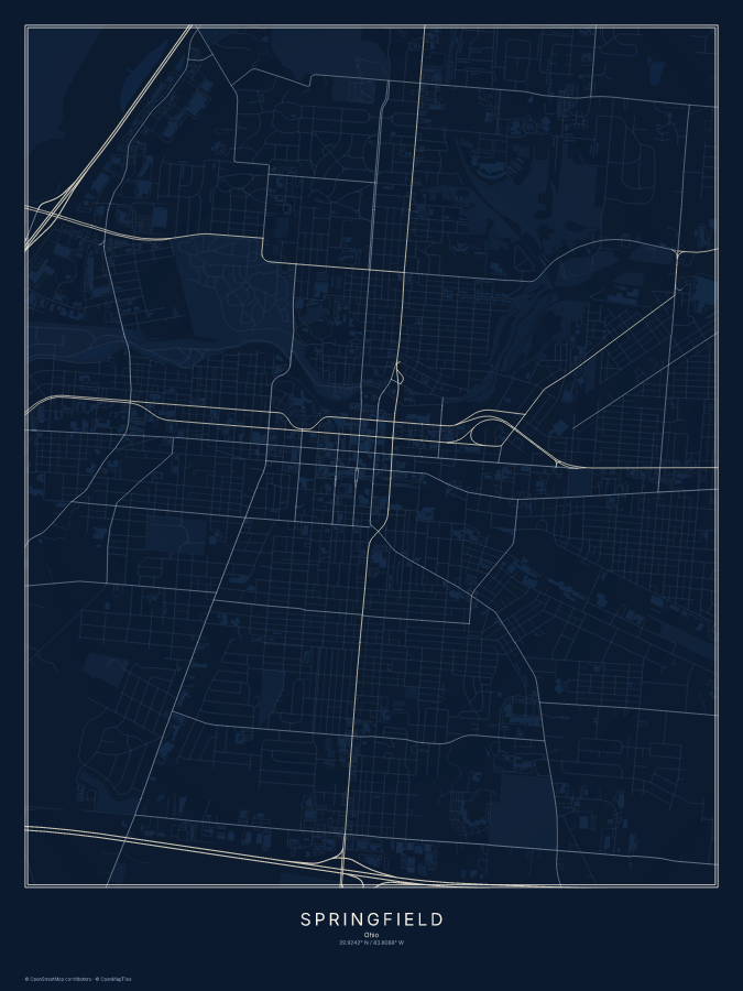 Springfield map poster, midnight style