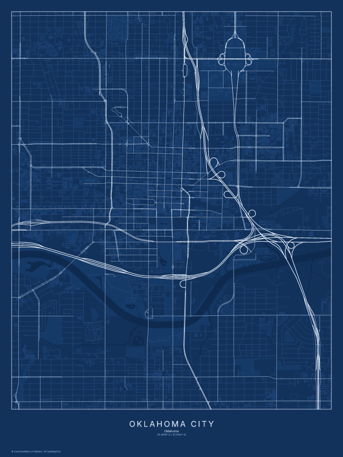Oklahoma City map poster, blueprint style