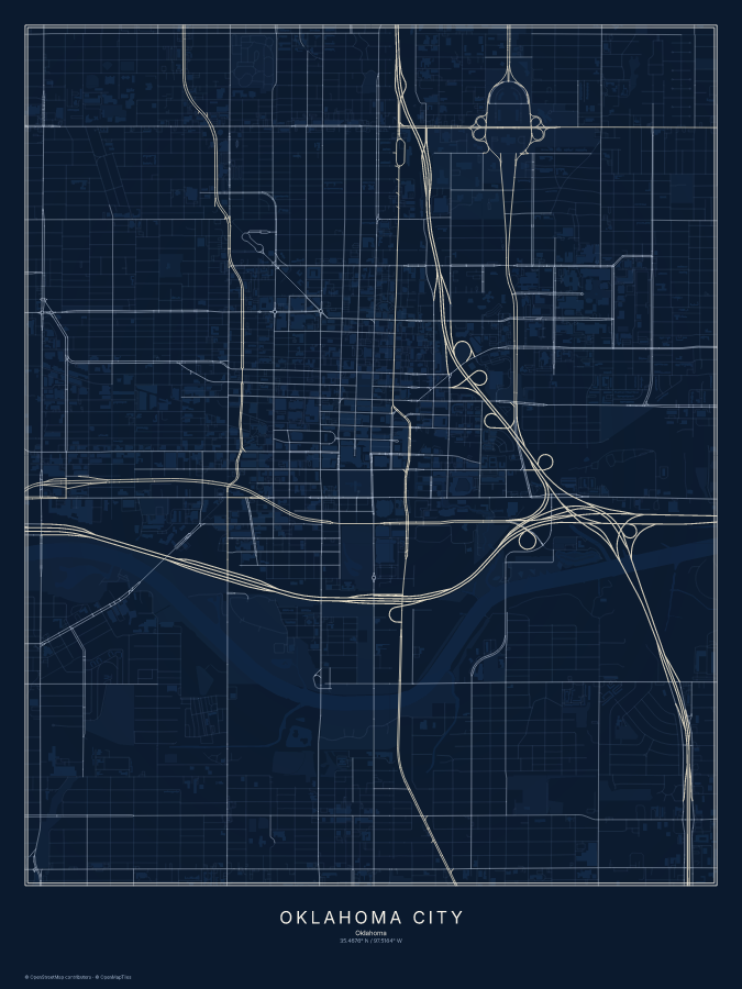 Oklahoma City map poster, midnight style