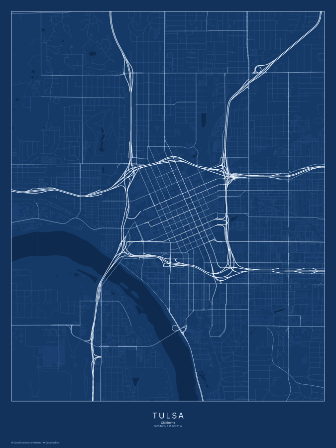 Tulsa map poster, blueprint style