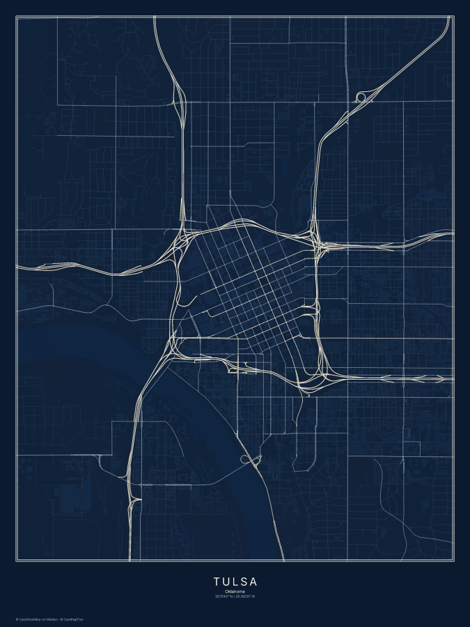 Tulsa map poster, midnight style