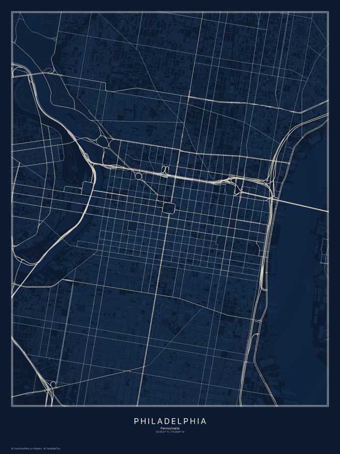 Philadelphia map poster, midnight style