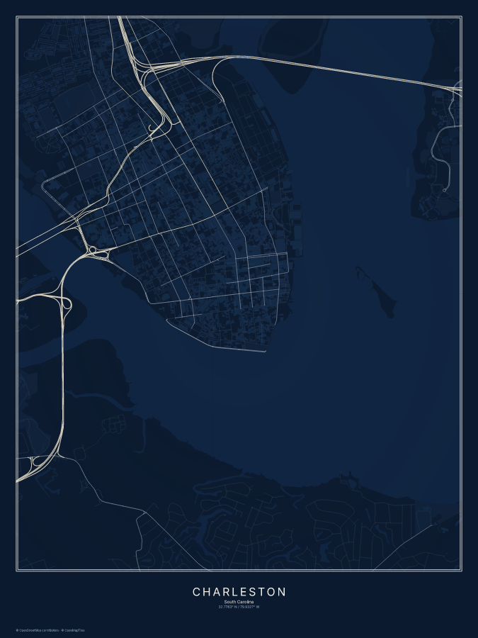 Charleston map poster, midnight style