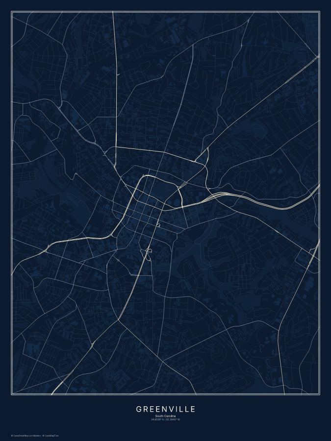 Greenville map poster, midnight style