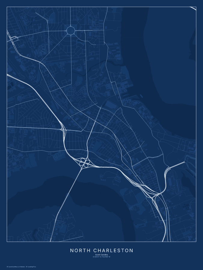 North Charleston map poster, blueprint style