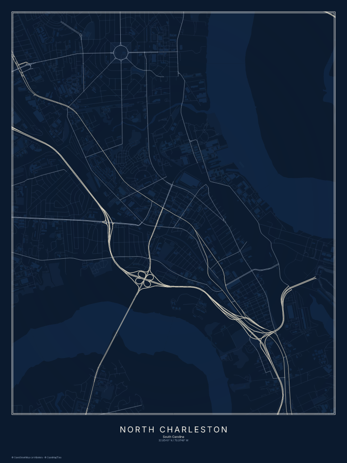 North Charleston map poster, midnight style