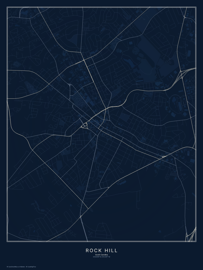 Rock Hill map poster, midnight style