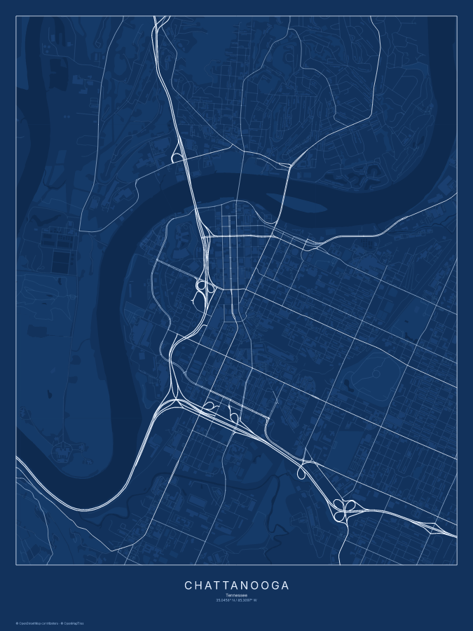 Chattanooga map poster, blueprint style