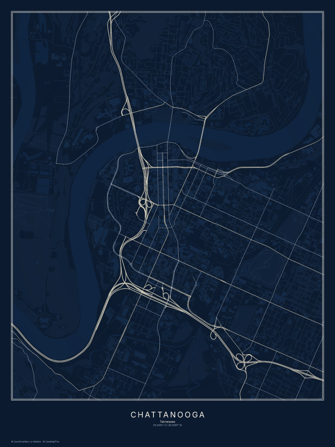Chattanooga map poster, midnight style