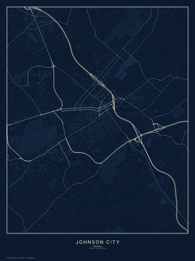 Johnson City map poster, midnight style
