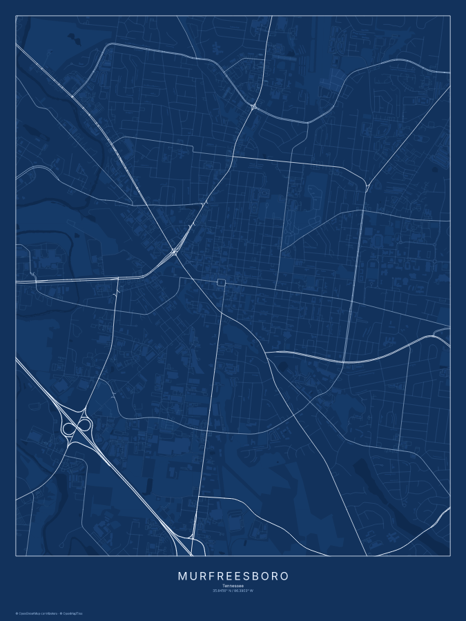 Murfreesboro map poster, blueprint style