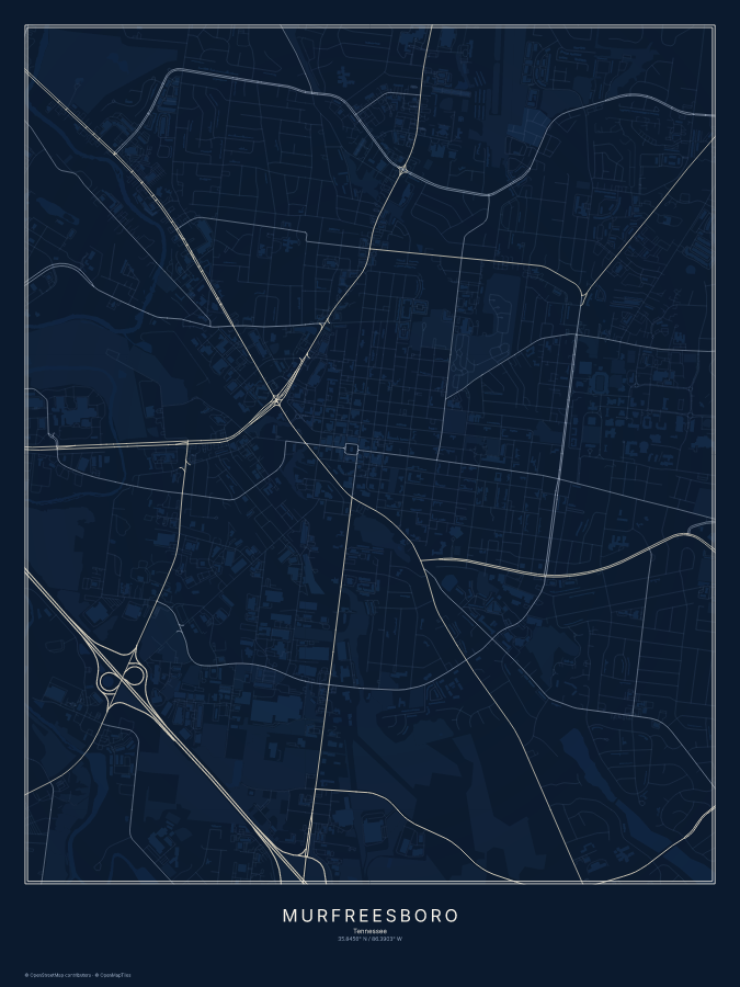Murfreesboro map poster, midnight style