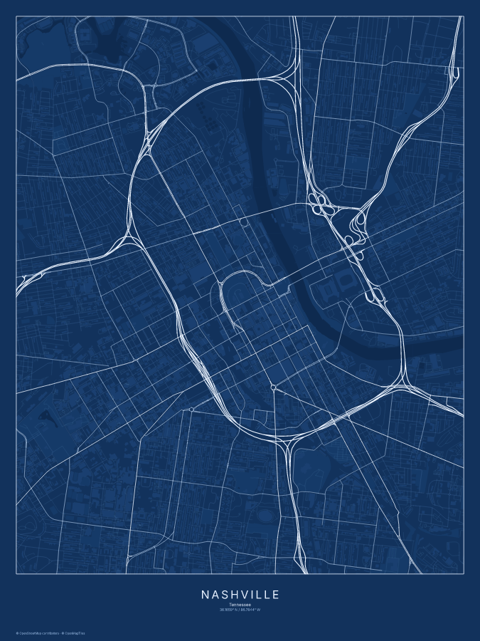 Nashville map poster, blueprint style