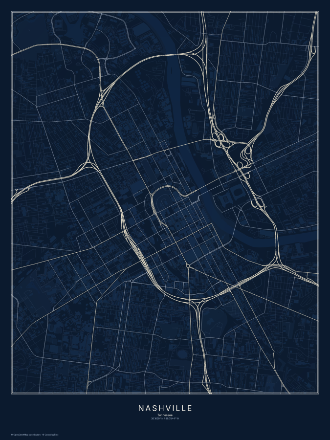 Nashville map poster, midnight style